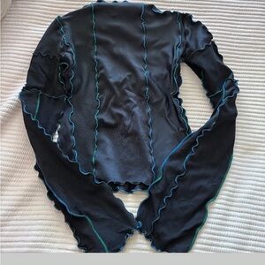 Sherris OOAK Blouse Black Wavy Seam Long Sleeve Top with Teal Blue Accents XS/S